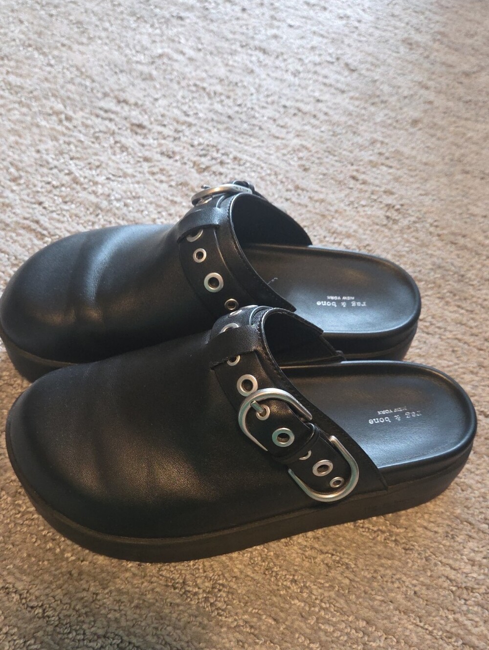 rag & bone Black Leather Buckle Clogs